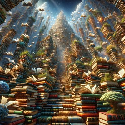 The primary subject of the image is a large pile of books, which are stacked on top of each other in a visually striking manner. The setting is a mountainous landscape, with the books forming a towering structure that resembles a mountain. The visual style is a digital art, as the image is a detailed and intricate illustration of the books. The colors and mood of the image are predominantly warm and inviting, with the books and the mountainous background creating a sense of wonder and creativity.